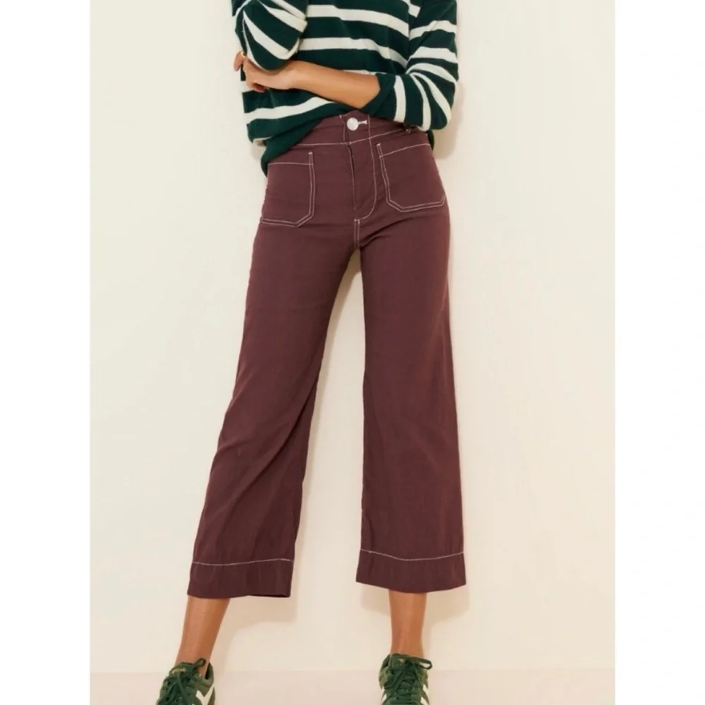 Maeve Colette Wide Leg Pants Special Contrast Stitch Edition Burgundy 24 - Picture 2 of 6